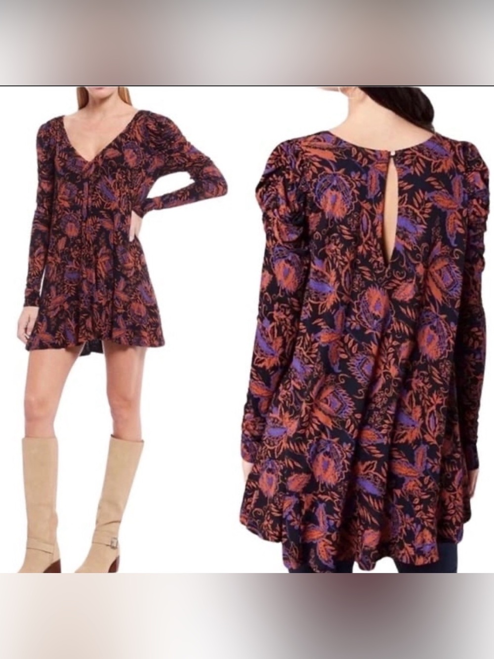 Free People Hello Lover Floral Ruched Tunic Dress - Noir Combo